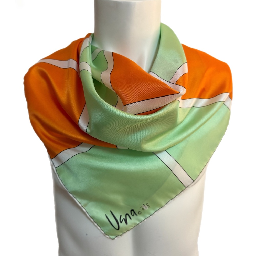 Vintage Vera Neumann Mint Green & Orange Geometric Satin Scarf – 26" Square